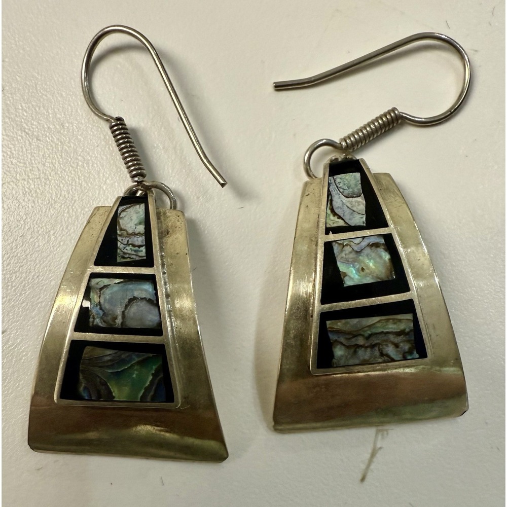 Vintage 925 Sterling Silver Abalone Inlay Artisan Dangle Earrings Boho Statement